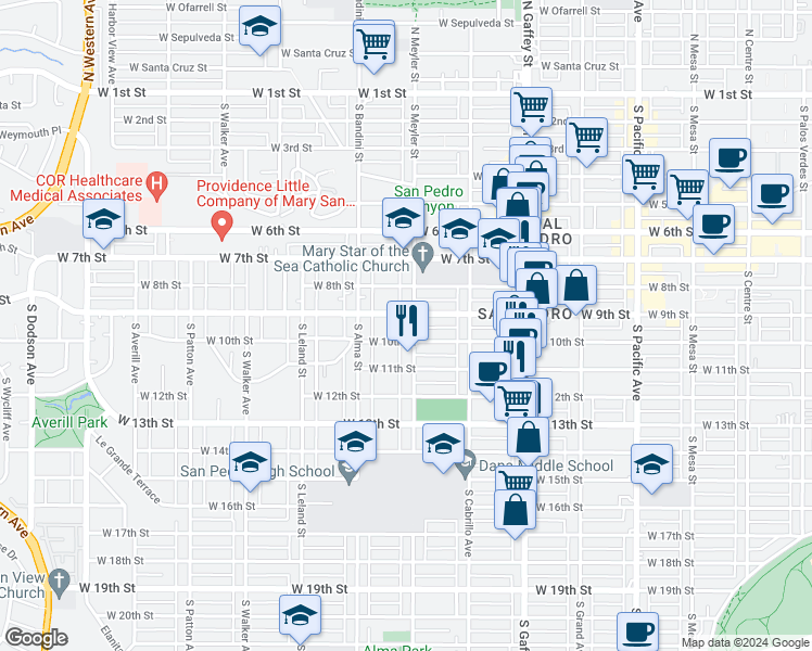 map of restaurants, bars, coffee shops, grocery stores, and more near 927 West 10th Street in Los Angeles