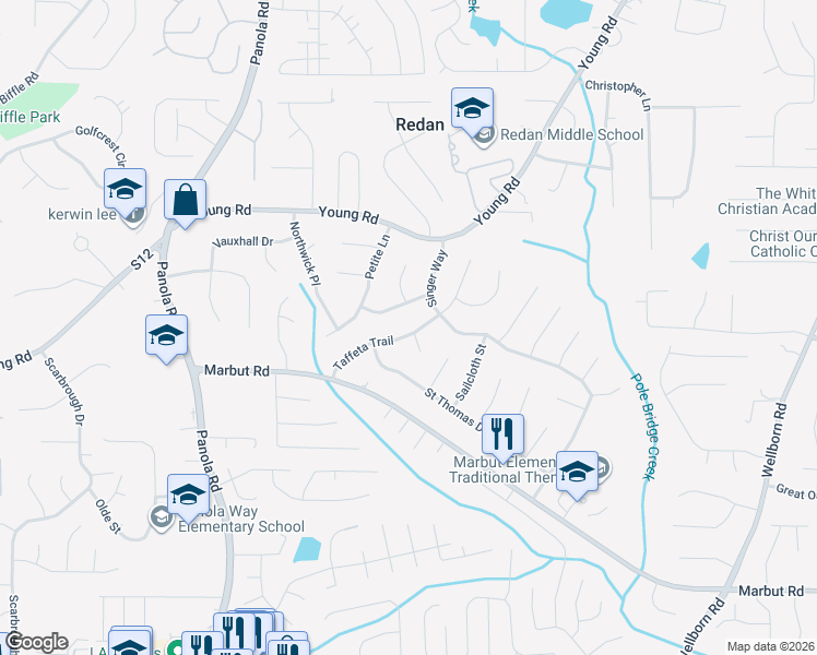 map of restaurants, bars, coffee shops, grocery stores, and more near 1922 Taffeta Trail in Lithonia
