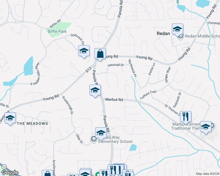 map of restaurants, bars, coffee shops, grocery stores, and more near 5531 Covent Way in Lithonia