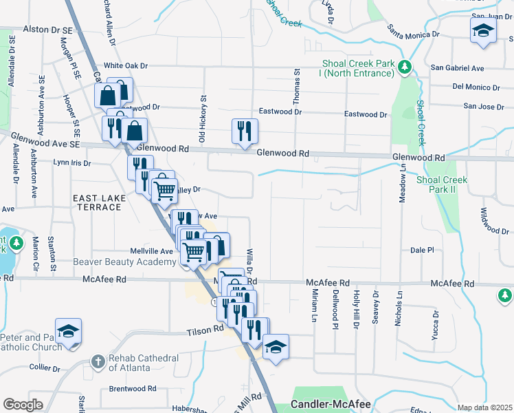 map of restaurants, bars, coffee shops, grocery stores, and more near 2685 Glenvalley Drive in Decatur