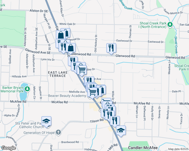 map of restaurants, bars, coffee shops, grocery stores, and more near 2599 Northview Avenue in Decatur