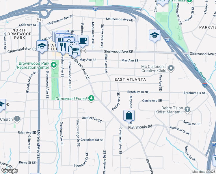map of restaurants, bars, coffee shops, grocery stores, and more near 679 Blake Avenue Southeast in Atlanta