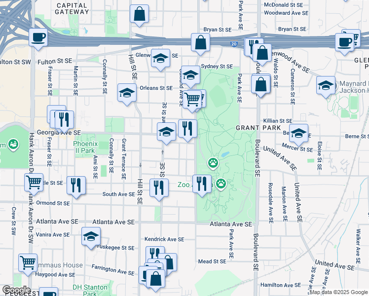 map of restaurants, bars, coffee shops, grocery stores, and more near 716 Oakland Avenue Southeast in Atlanta