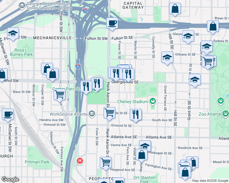 map of restaurants, bars, coffee shops, grocery stores, and more near Unnamed Road in Atlanta