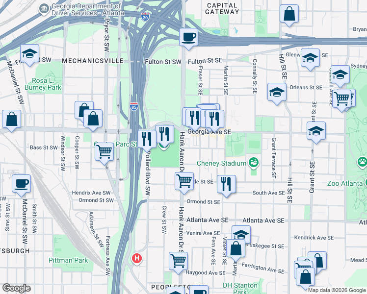map of restaurants, bars, coffee shops, grocery stores, and more near 701-755 Hank Aaron Drive Southwest in Atlanta