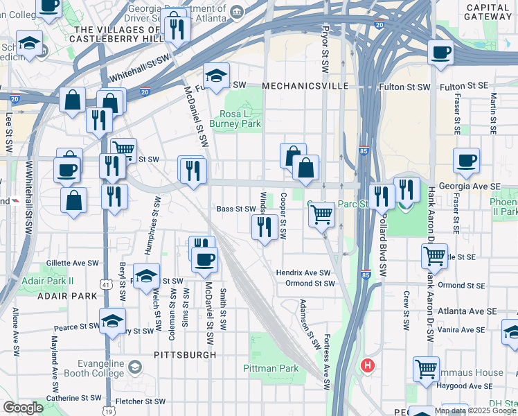 map of restaurants, bars, coffee shops, grocery stores, and more near 732 Garibaldi Street Southwest in Atlanta