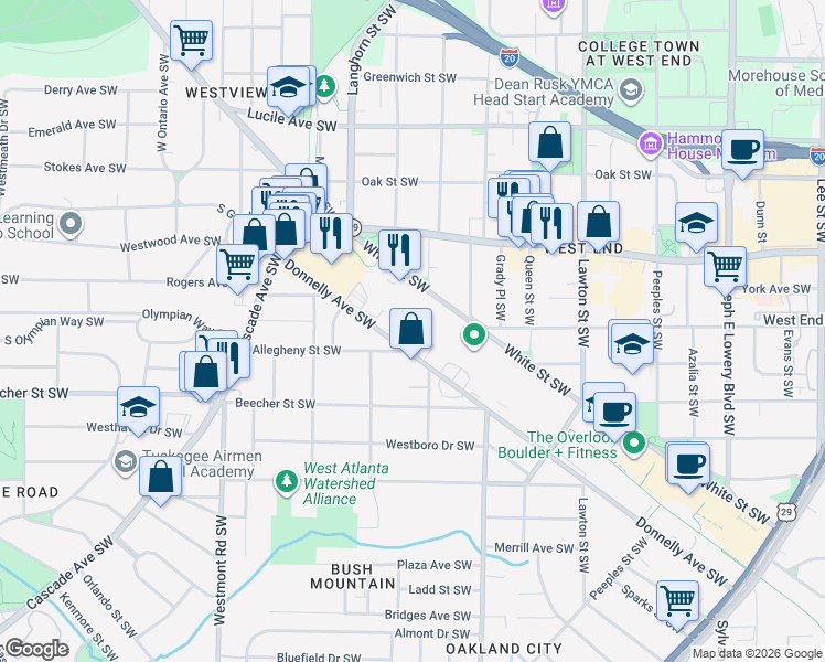 map of restaurants, bars, coffee shops, grocery stores, and more near 1316 Allegheny Street Southwest in Atlanta