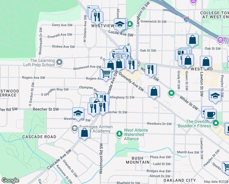 map of restaurants, bars, coffee shops, grocery stores, and more near 750 Cascade Place Southwest in Atlanta