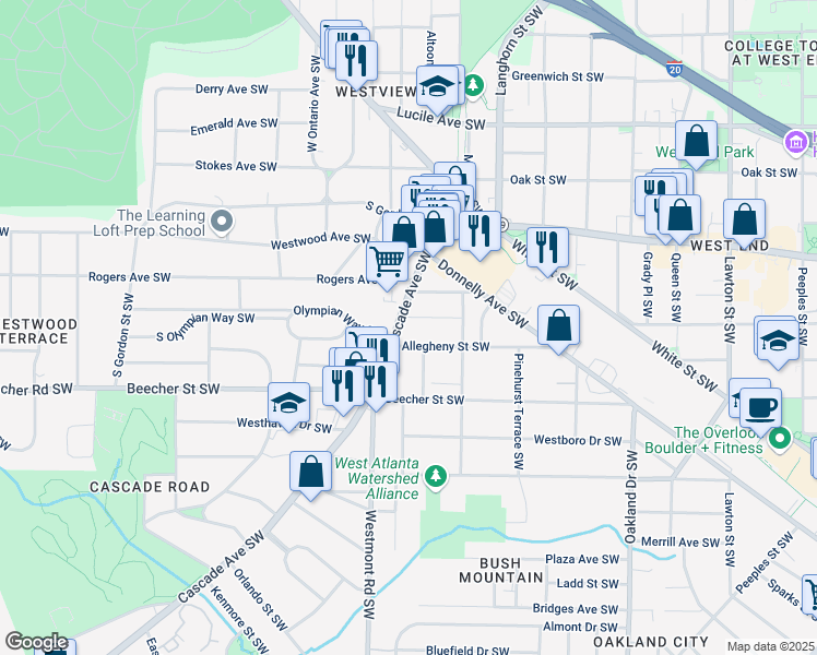 map of restaurants, bars, coffee shops, grocery stores, and more near 718 Cascade Avenue Southwest in Atlanta
