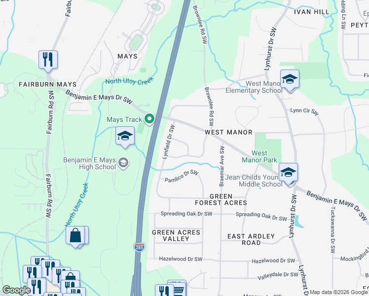 map of restaurants, bars, coffee shops, grocery stores, and more near 3350 Bobolink Circle Southwest in Atlanta