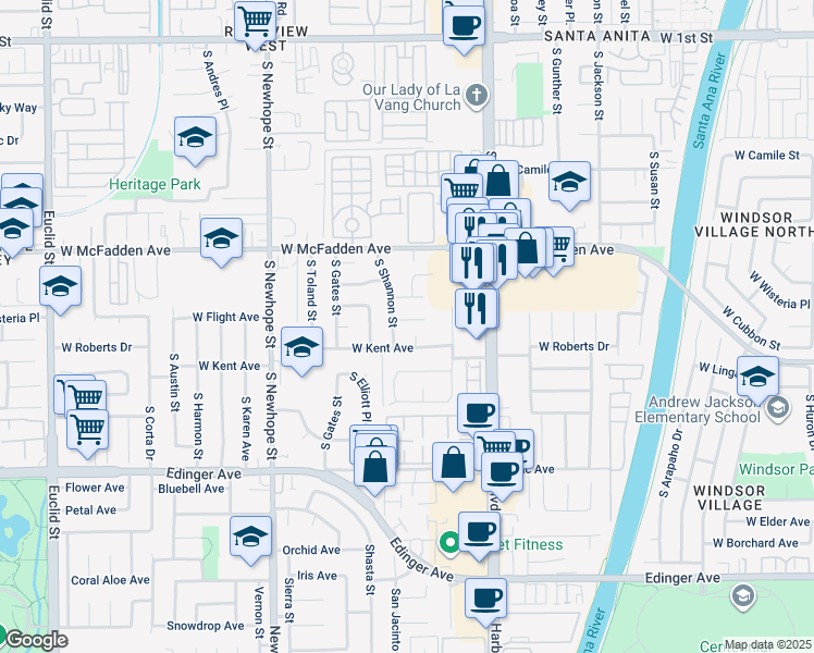 map of restaurants, bars, coffee shops, grocery stores, and more near 4022 West Roberts Drive in Santa Ana