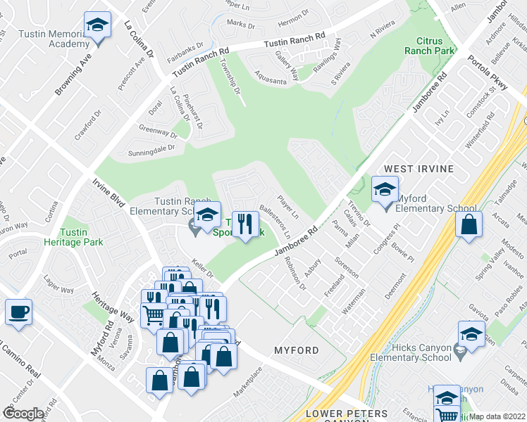 map of restaurants, bars, coffee shops, grocery stores, and more near 2910 Robinson Drive in Tustin