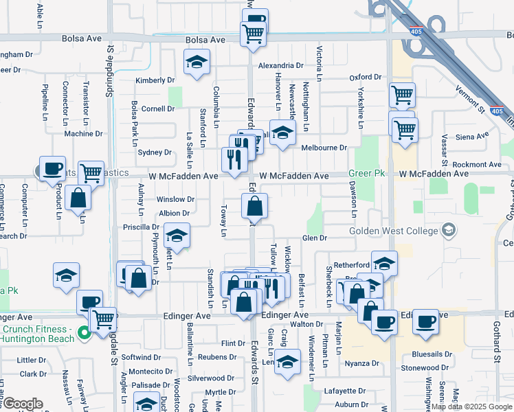 map of restaurants, bars, coffee shops, grocery stores, and more near 15601 Whiteoak Lane in Huntington Beach