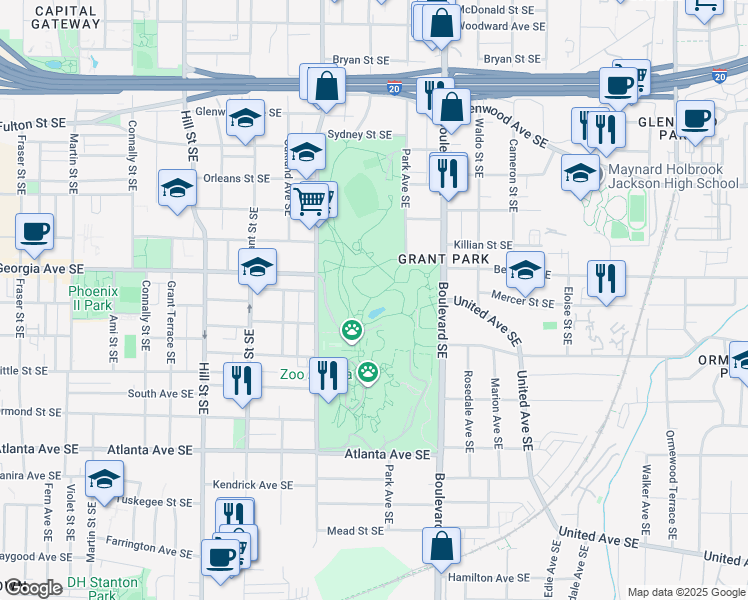 map of restaurants, bars, coffee shops, grocery stores, and more near 840 Cherokee Avenue Southeast in Atlanta