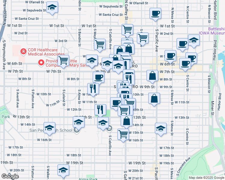 map of restaurants, bars, coffee shops, grocery stores, and more near 1010 South Cabrillo Avenue in Los Angeles