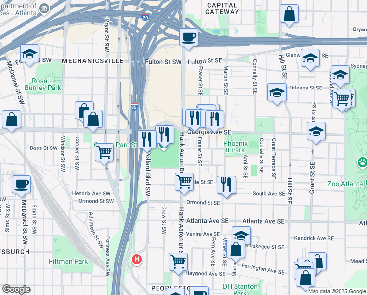 map of restaurants, bars, coffee shops, grocery stores, and more near 720 Hank Aaron Drive Southeast in Atlanta