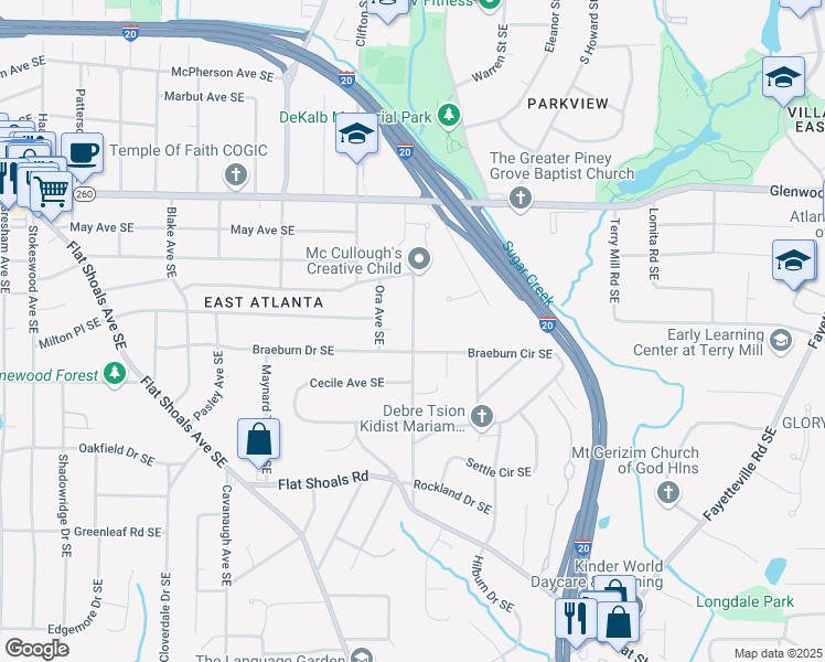 map of restaurants, bars, coffee shops, grocery stores, and more near 675 Clifton Road Southeast in Atlanta