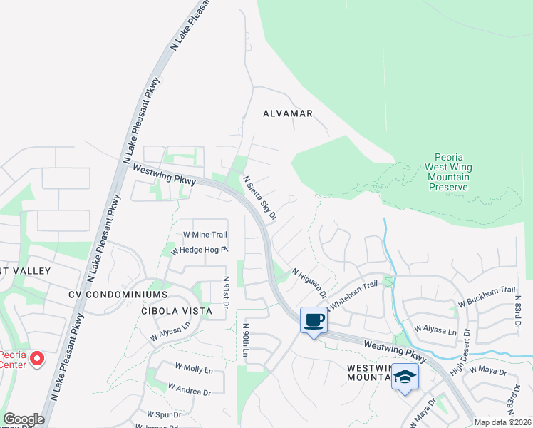 map of restaurants, bars, coffee shops, grocery stores, and more near 9036 West Hedge Hog Place in Peoria