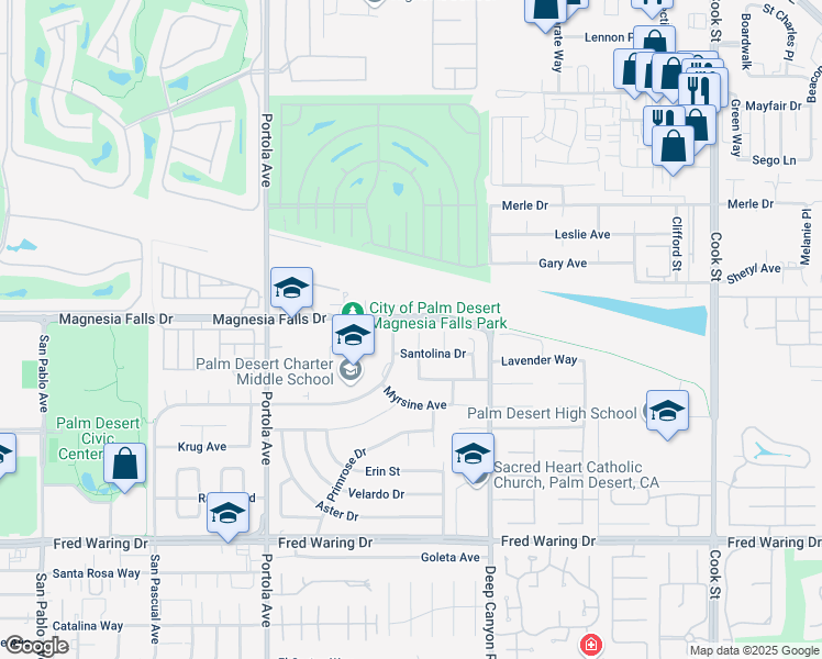 map of restaurants, bars, coffee shops, grocery stores, and more near 43150 Rutledge Way in Palm Desert