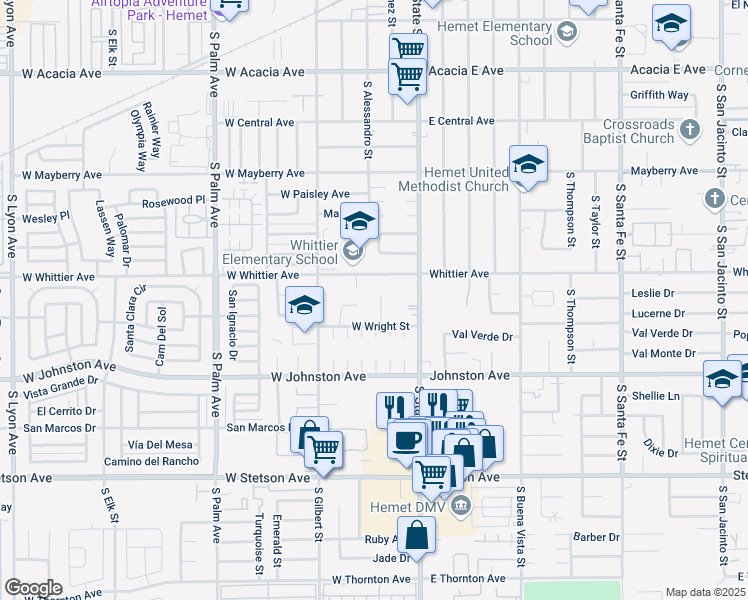 map of restaurants, bars, coffee shops, grocery stores, and more near 719 Lorraine Lane in Hemet