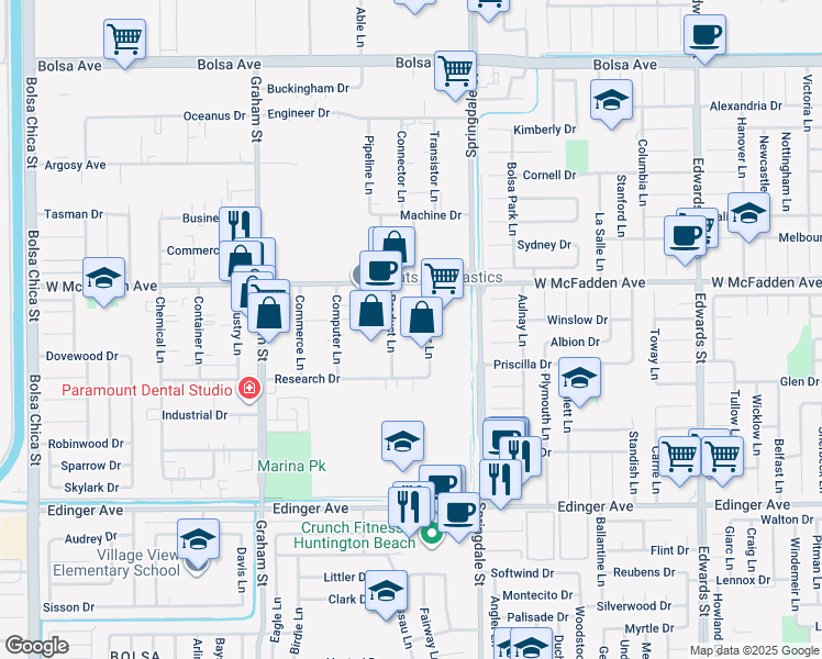 map of restaurants, bars, coffee shops, grocery stores, and more near 15632 Product Ln in Huntington Beach