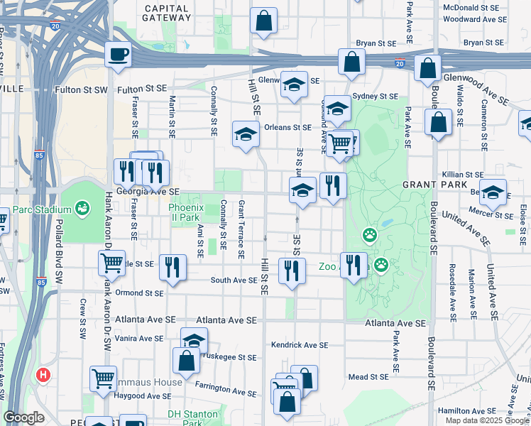 map of restaurants, bars, coffee shops, grocery stores, and more near 691 Hill Street Southeast in Atlanta