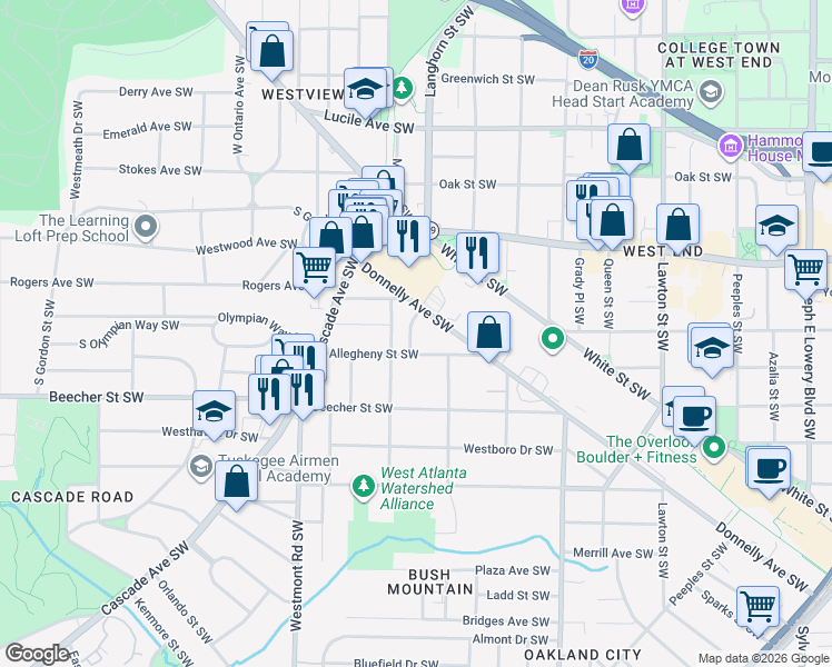 map of restaurants, bars, coffee shops, grocery stores, and more near 716 Bernice Street Southwest in Atlanta