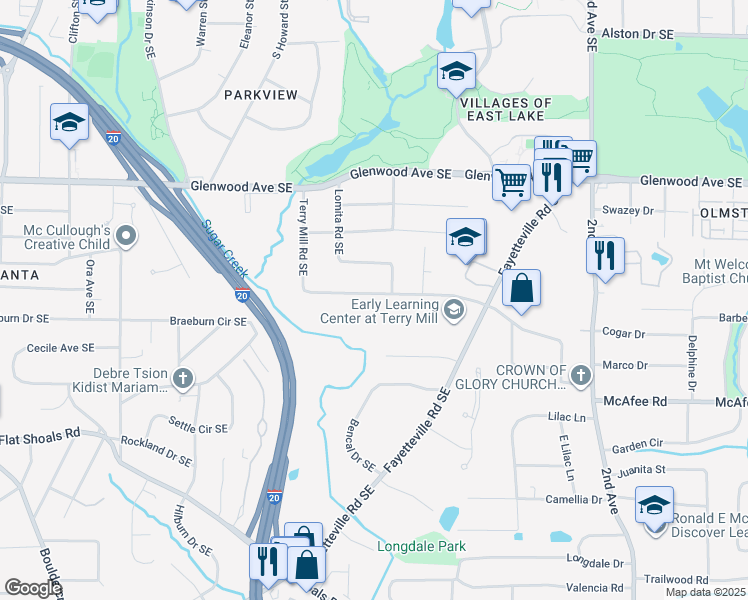 map of restaurants, bars, coffee shops, grocery stores, and more near 1741 Terry Mill Road Southeast in Atlanta