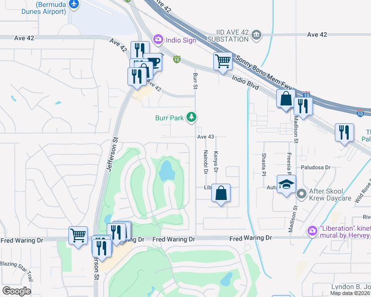 map of restaurants, bars, coffee shops, grocery stores, and more near 43732 Royal Saint George Drive in Indio