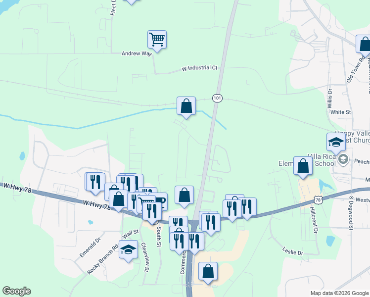 map of restaurants, bars, coffee shops, grocery stores, and more near 100 Leggett Drive in Villa Rica