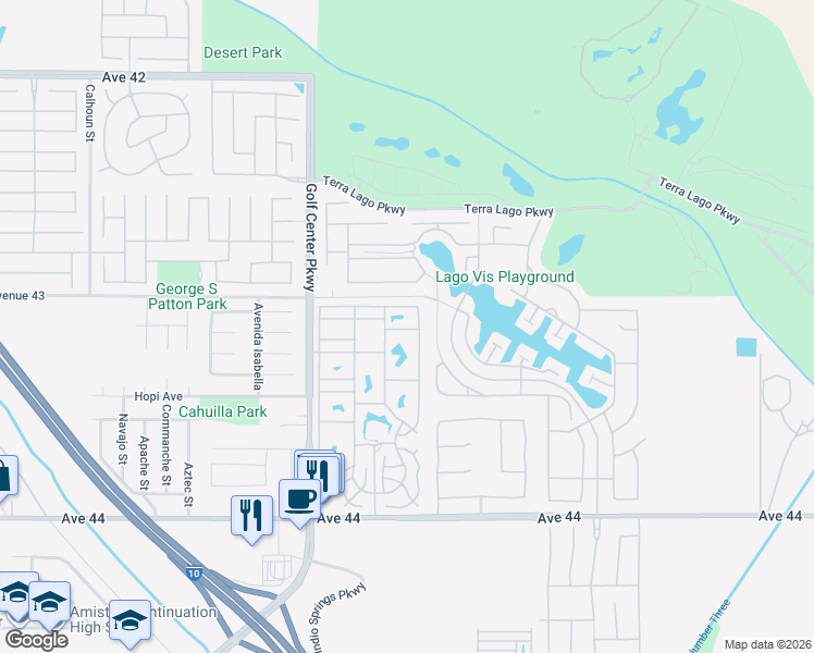map of restaurants, bars, coffee shops, grocery stores, and more near 84136 Avenue 44 in Indio