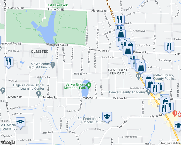 map of restaurants, bars, coffee shops, grocery stores, and more near 558 Allendale Drive in Decatur