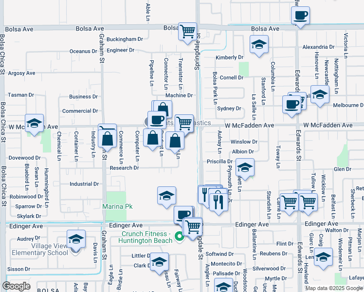 map of restaurants, bars, coffee shops, grocery stores, and more near 15642 Producer Lane in Huntington Beach