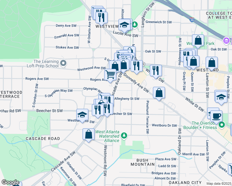 map of restaurants, bars, coffee shops, grocery stores, and more near 718 Cascade Avenue Southwest in Atlanta
