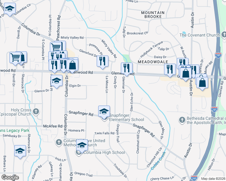 map of restaurants, bars, coffee shops, grocery stores, and more near 1908 La Mesa Lane in Decatur