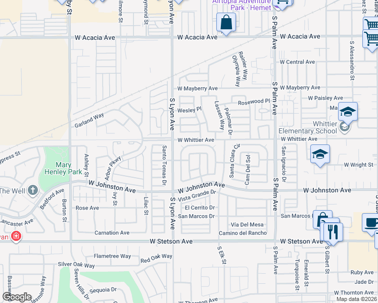 map of restaurants, bars, coffee shops, grocery stores, and more near 380 Santa Lucia Drive in Hemet