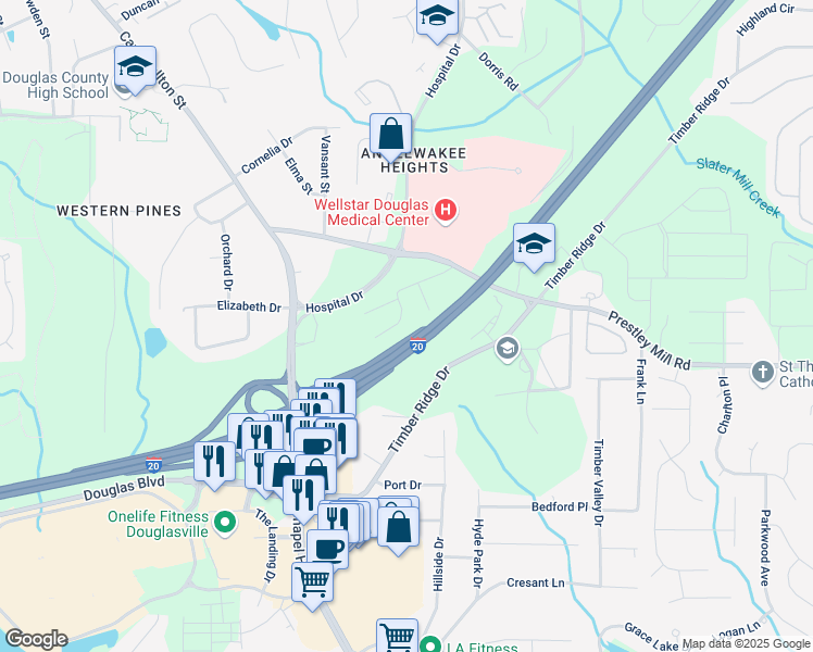 map of restaurants, bars, coffee shops, grocery stores, and more near 9051 Stoneleigh Trce in Douglasville
