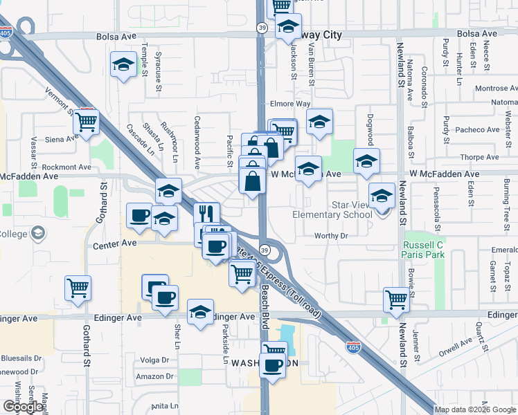 map of restaurants, bars, coffee shops, grocery stores, and more near 15621 Beach Boulevard in Westminster