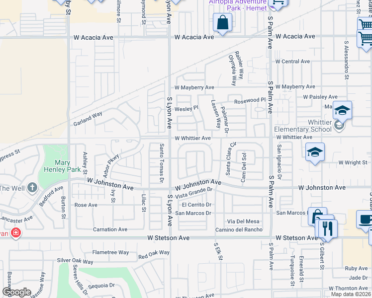 map of restaurants, bars, coffee shops, grocery stores, and more near 380 Santa Lucia Drive in Hemet