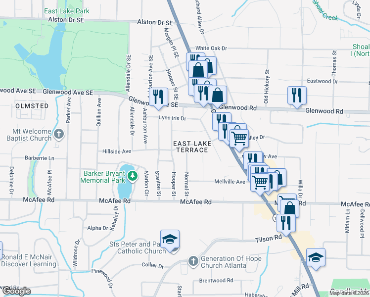 map of restaurants, bars, coffee shops, grocery stores, and more near 1880 Hooper Street in Decatur