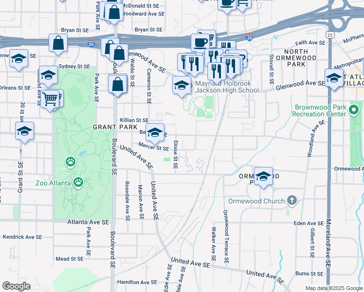 map of restaurants, bars, coffee shops, grocery stores, and more near 668 Liella Park SE in Atlanta