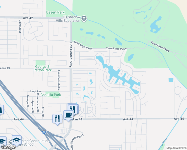map of restaurants, bars, coffee shops, grocery stores, and more near 84136 Avenue 44 in Indio