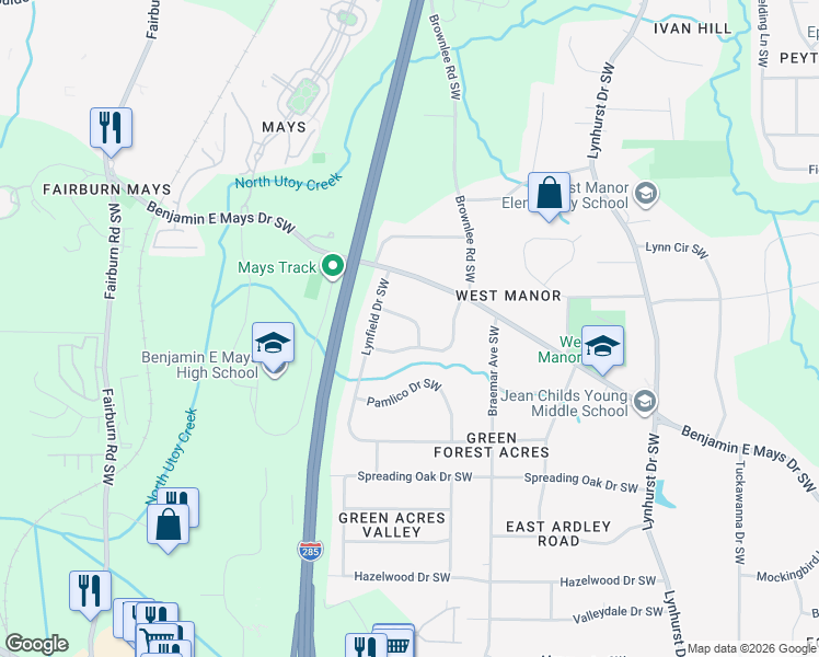 map of restaurants, bars, coffee shops, grocery stores, and more near 3350 Bobolink Cir SW in Atlanta