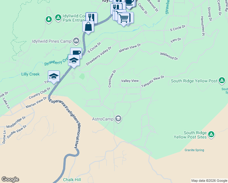 map of restaurants, bars, coffee shops, grocery stores, and more near 54425 Live Oak Street in Idyllwild-Pine Cove