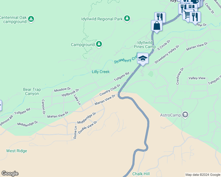 map of restaurants, bars, coffee shops, grocery stores, and more near Country Club Drive in Idyllwild-Pine Cove