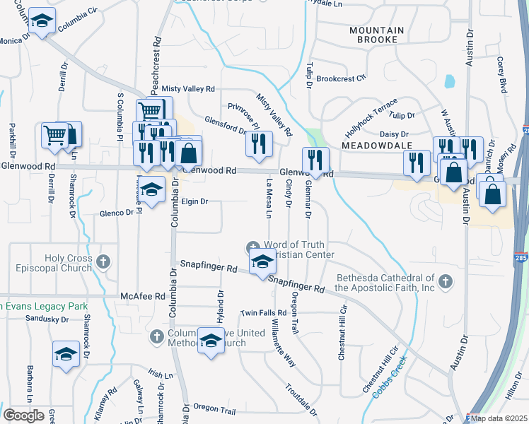 map of restaurants, bars, coffee shops, grocery stores, and more near 1883 La Mesa Lane in Decatur