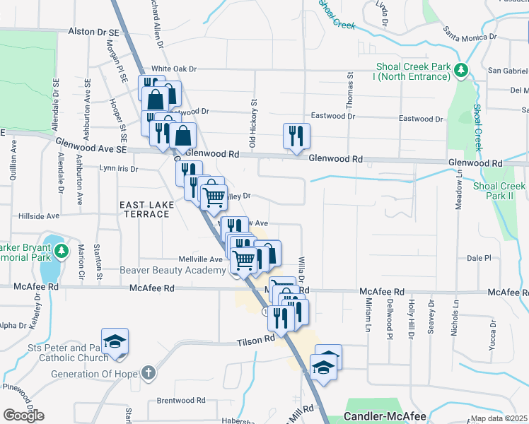 map of restaurants, bars, coffee shops, grocery stores, and more near 1897 Canterbury Street in Decatur
