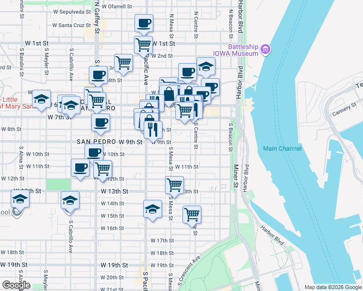map of restaurants, bars, coffee shops, grocery stores, and more near 357 West 9th Street in Los Angeles