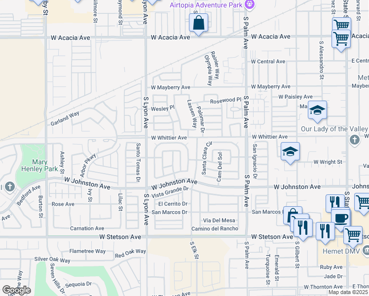 map of restaurants, bars, coffee shops, grocery stores, and more near 161 San Mateo Circle in Hemet