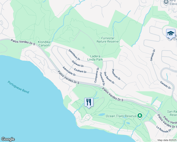 map of restaurants, bars, coffee shops, grocery stores, and more near 3943 Exultant Drive in Rancho Palos Verdes